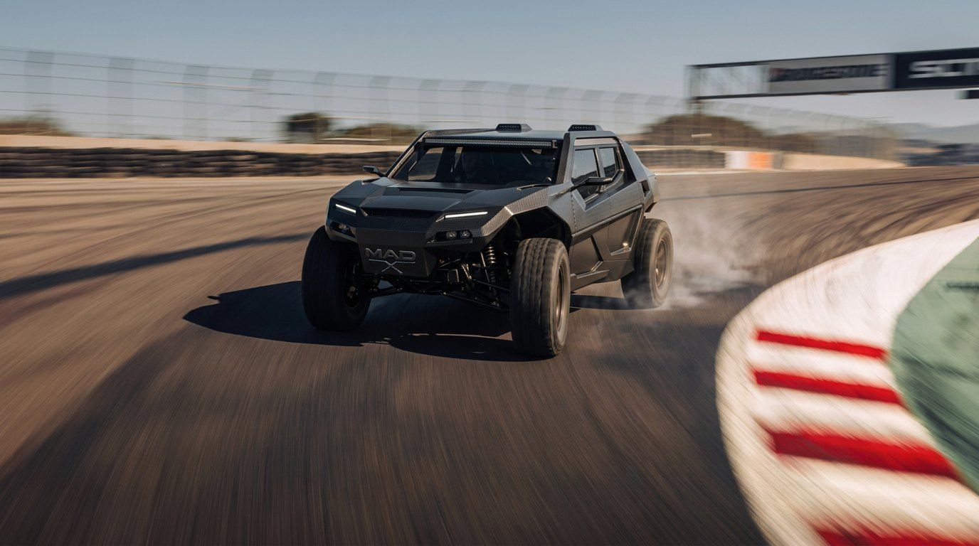 MAD X carbon-bodied hyper-SUV cornering at speed on a race circuit