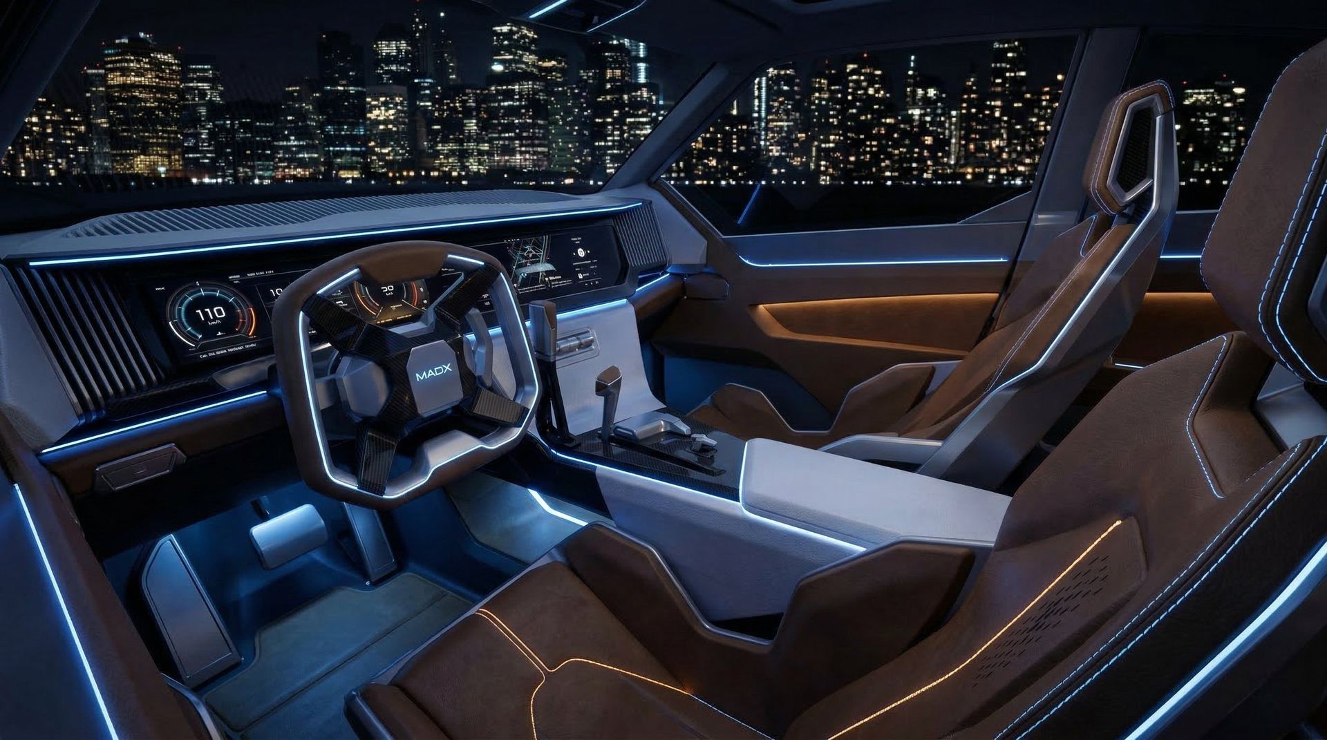 MAD X cockpit with leather seats and digital telemetry display